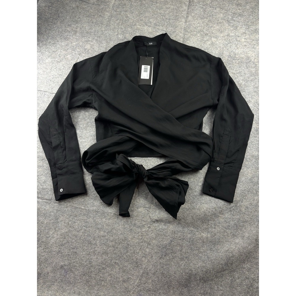 NWT Ruti Black St Lucia Linen Blend Wrap Long Sleeve Blouse Women's XS/S Sexy